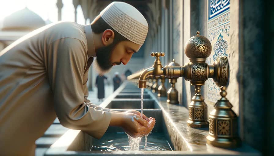 Comment faire le Wudu (ablutions) correctement — Guide complet étape par étape - Ecole islamique Personne faisant ses ablutions avec recueillement
